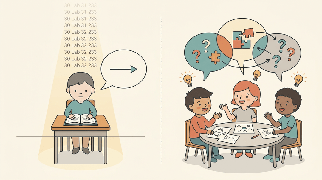 Contrast between isolated rote memorization and collaborative group learning with diverse students.