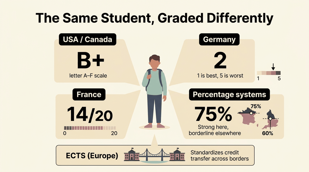 Graded differently: A student's performance shown as a B+, a 2, a 14/20, and a 75% in various grading systems.