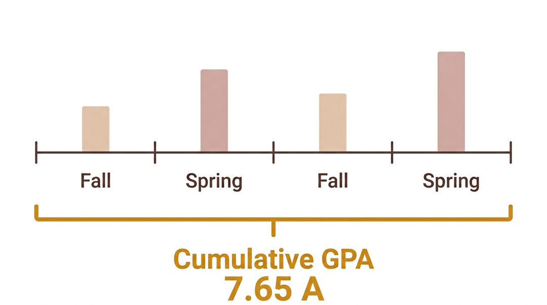 A flat vector illustration of a student's academic timeline with fluctuating semester GPAs and a stable cumulative GPA.