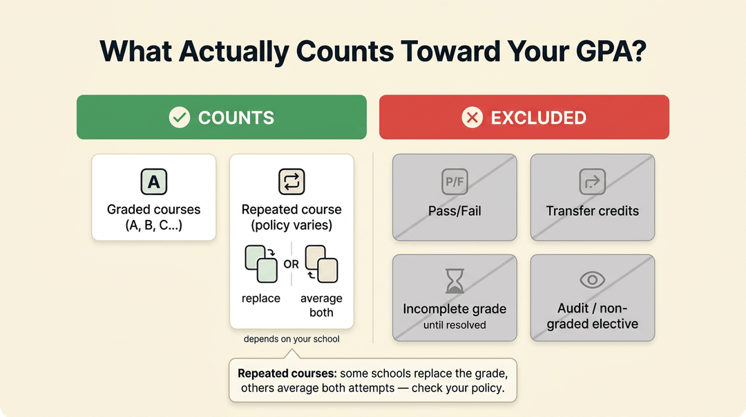 An educational graphic showing what counts and what's excluded from GPA calculations, featuring