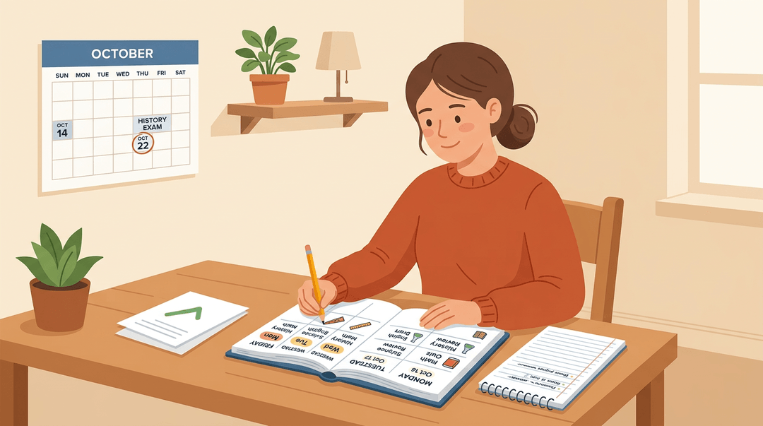 A student calmly organizes their weekly planner and school supplies on a desk, with a calendar showing spaced review.