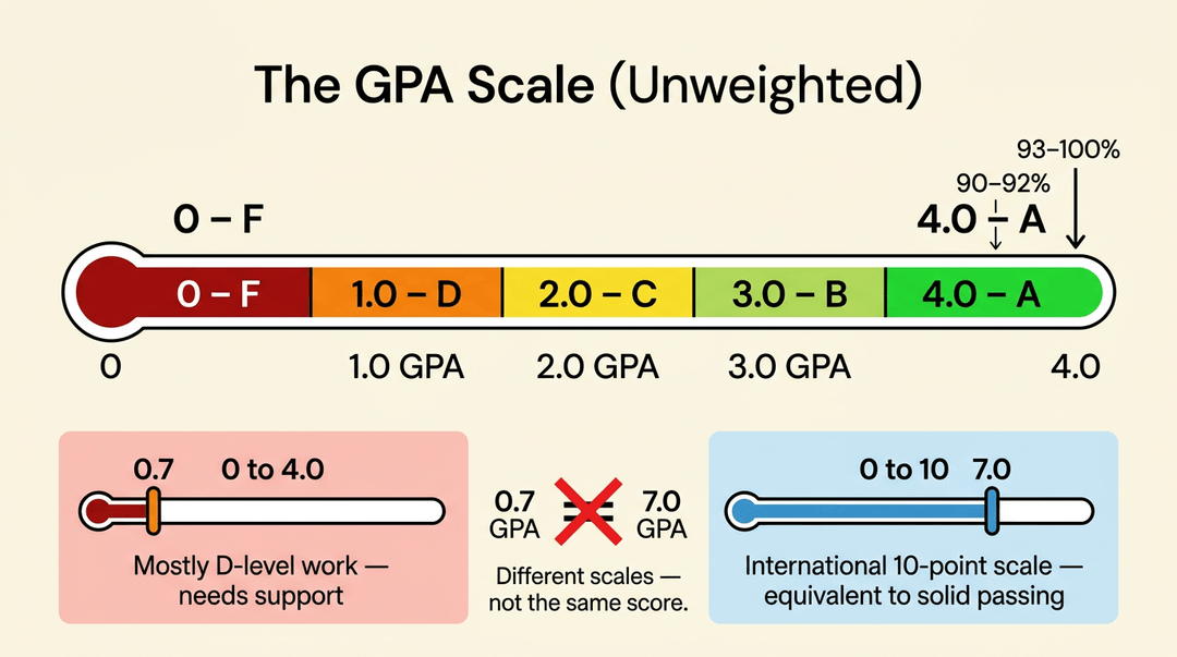 A modern educational illustration explains the unweighted GPA scale, with letter grades, percentages, and two comparison panels showing different grading scales.