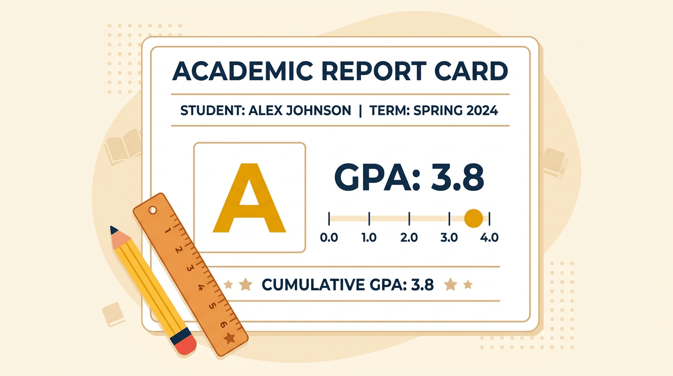 A flat vector illustration of a report card with an A grade and 3.8 GPA, flanked by a ruler and pencil.