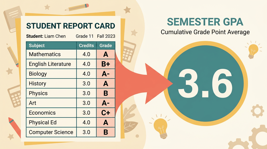 A report card with various letter grades points to a large circle displaying the summary GPA of 3.6.