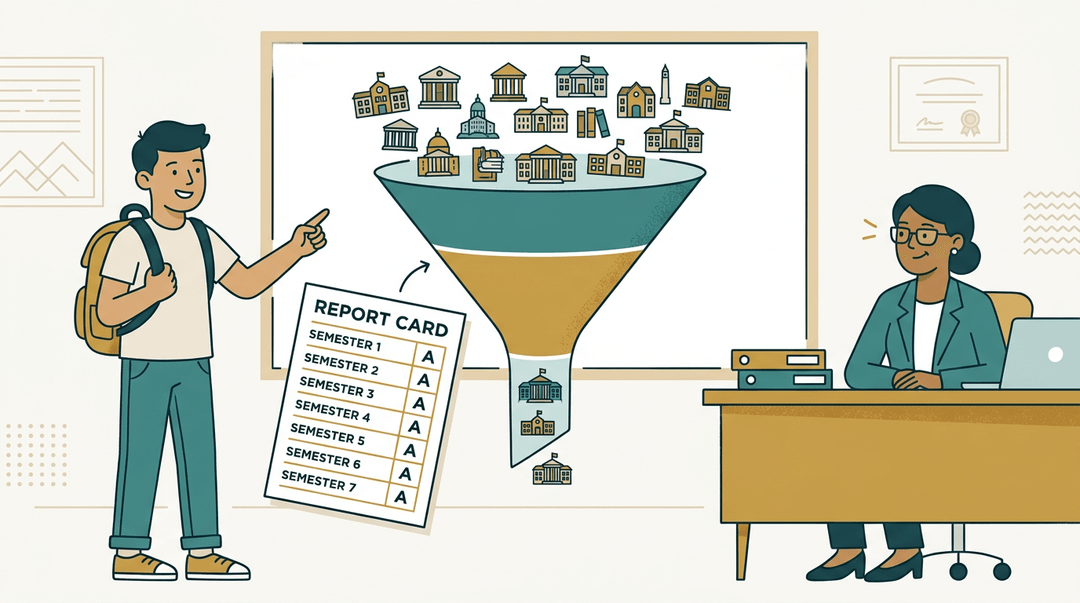 A student with a perfect report card stands before a funnel graphic showing many university icons entering, but few exiting, while an admissions officer nods.