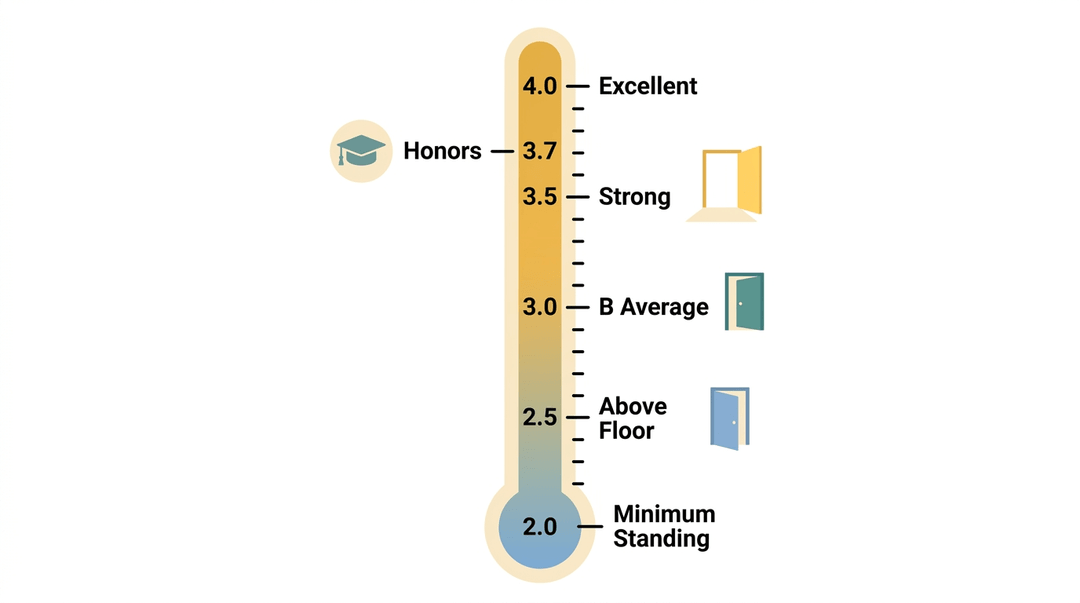 A vertical thermometer-style scale, from 2.0 to 4.0, labeled with academic achievements and corresponding icons of opening doors.