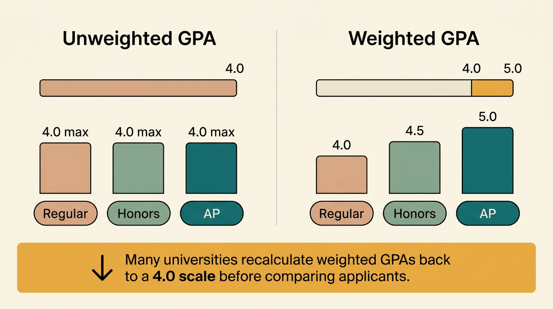 Comparison of unweighted and weighted GPA scales, showing how harder classes increase weighted GPA.