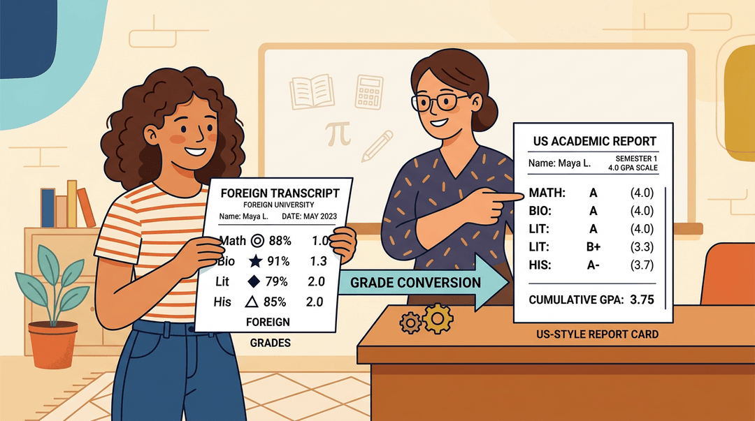 A teacher points at a US report card as a student looks at their foreign transcript with unfamiliar grades, connected by a conversion arrow.