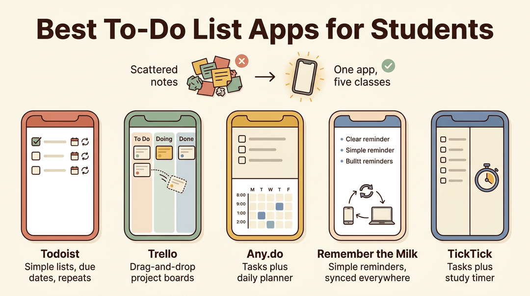 Infographic comparing five student to-do list apps: Todoist, Trello, Any.do, Remember the Milk, and TickTick, highlighting key features like lists, boards, planners, sync, and timers.