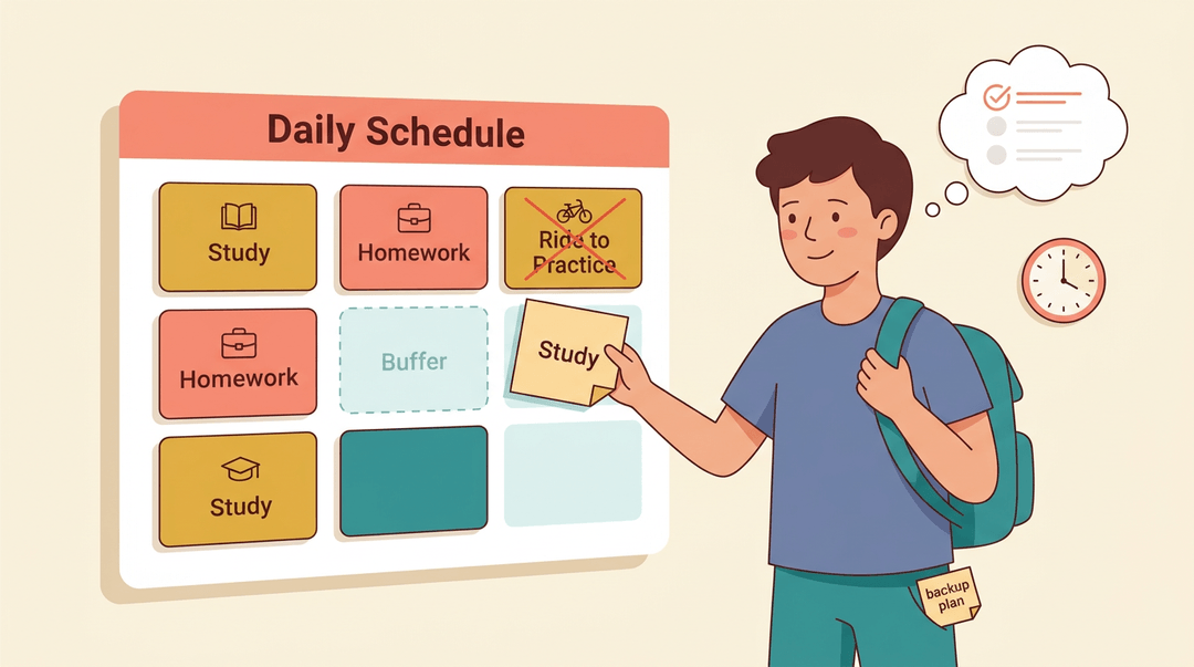 Teenager calmly moves a study task to an empty buffer slot on their schedule, replacing a cancelled activity with a relaxed expression.
