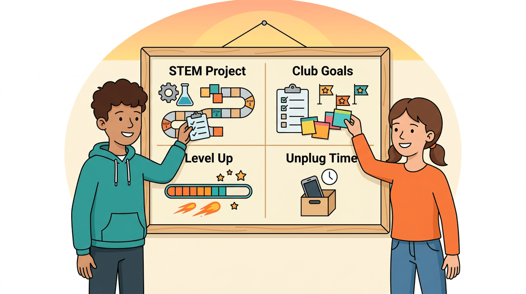 Two teens co-create a structured routine on a four-section planning board featuring STEM, goals, progress, and unplugged time.