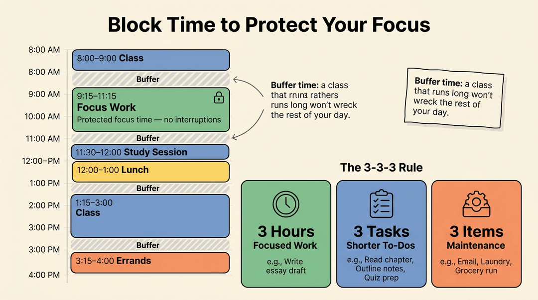 An infographic showing a daily schedule with protected focus blocks and the 3-3-3 rule for managing work, tasks, and maintenance.