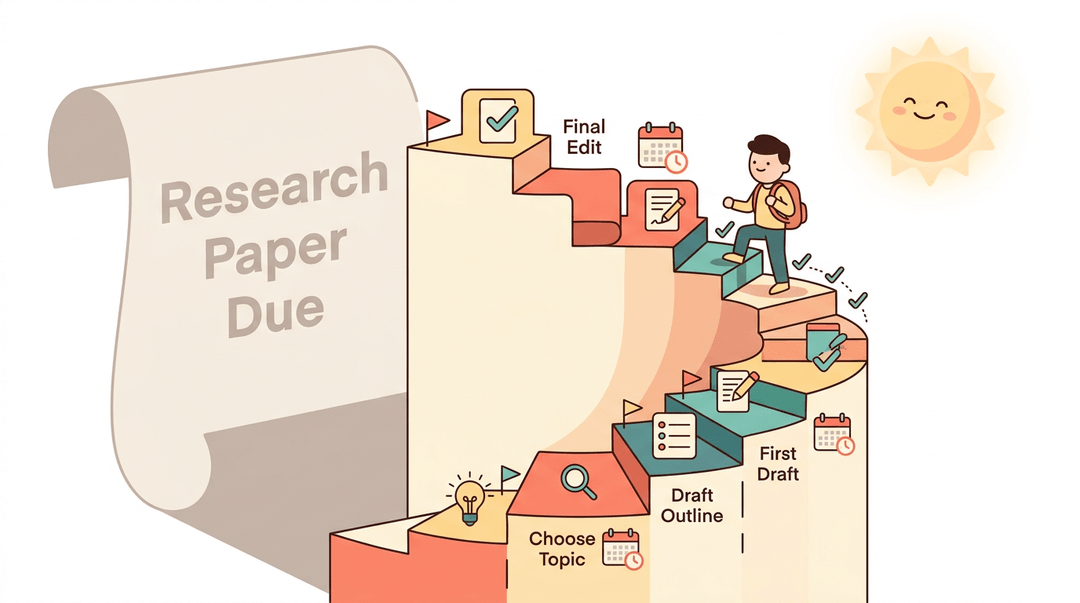 Student climbs a paper staircase of small research steps toward a goal, leaving checkmarks behind.