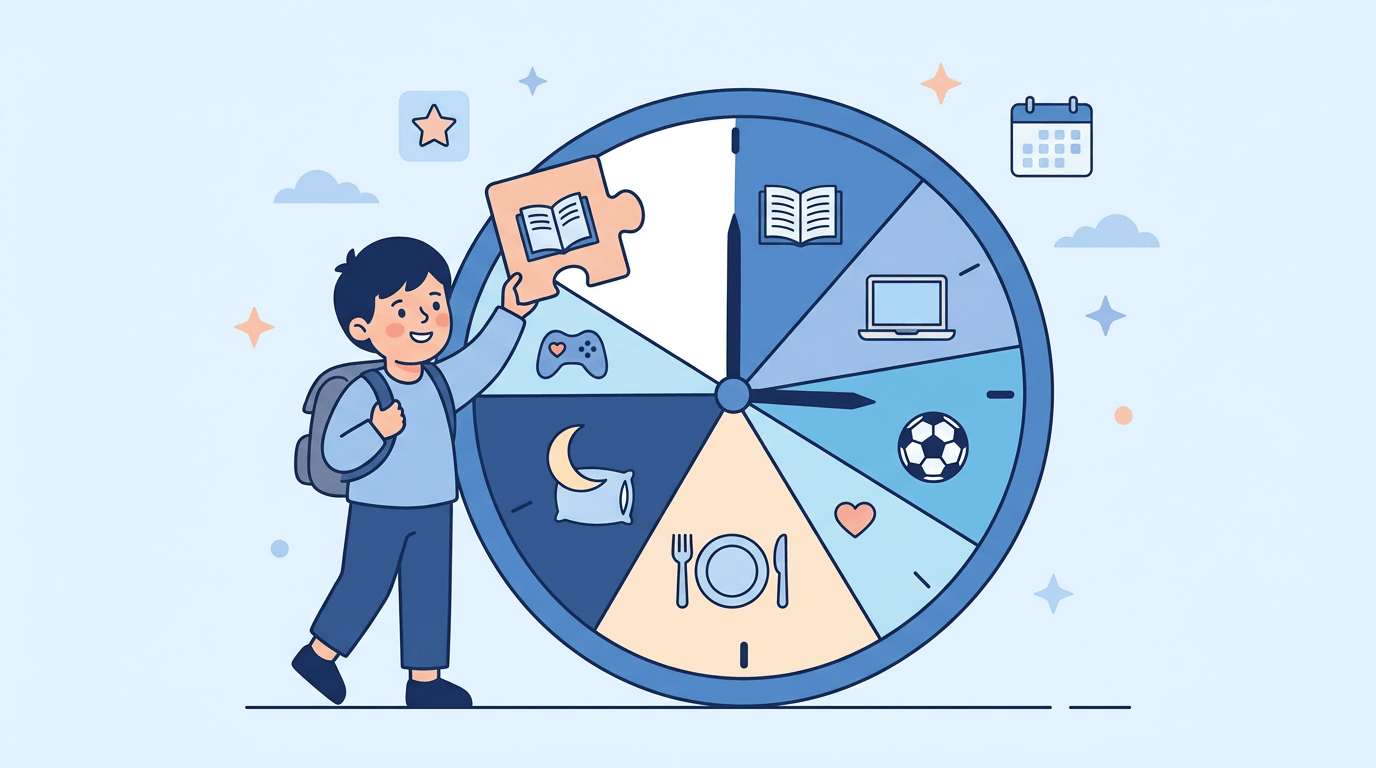 A student places a study icon into an empty segment of a colorful clock, illustrating how to balance school, rest, and play.