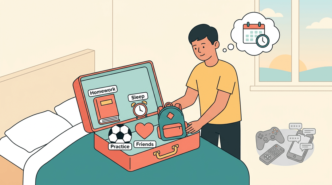 Teenager packs a suitcase with priorities like homework and sleep, leaving distractions behind to show choosing what matters most.