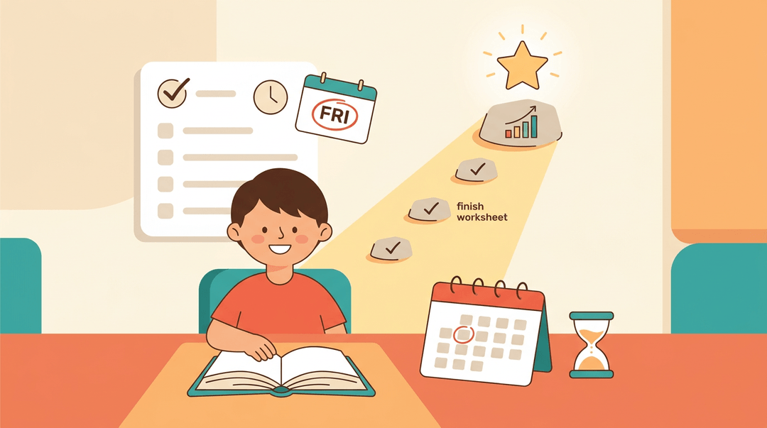 Student at desk with checklist and calendar, stepping stones leading to a trophy symbolizing short-term and long-term educational goals.