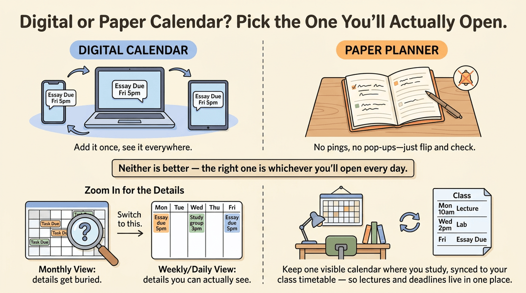 Infographic comparing digital and paper calendars, advising teachers to choose the system they will actually use daily.