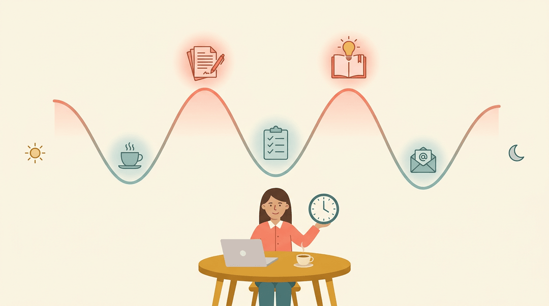 Teacher at a desk with a graph showing high-energy tasks like grading during peaks and routine tasks like emails during dips.