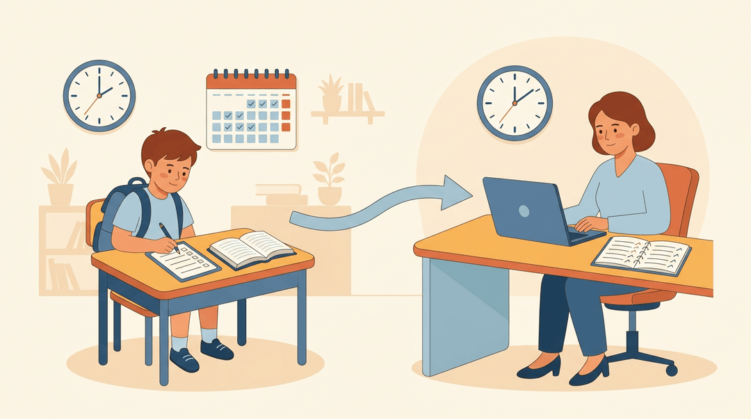 A flat illustration shows a student studying and an adult working, linked by a timeline to show how planning habits persist from school to career.