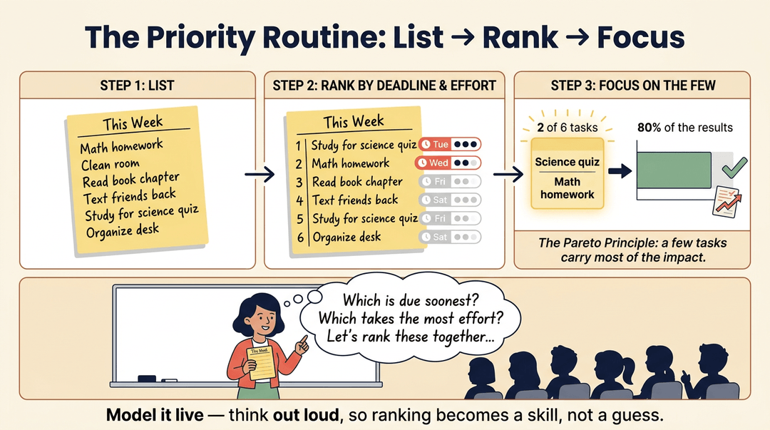 Infographic showing a 3-step routine to list, rank, and focus on tasks using a sticky note and bar chart.