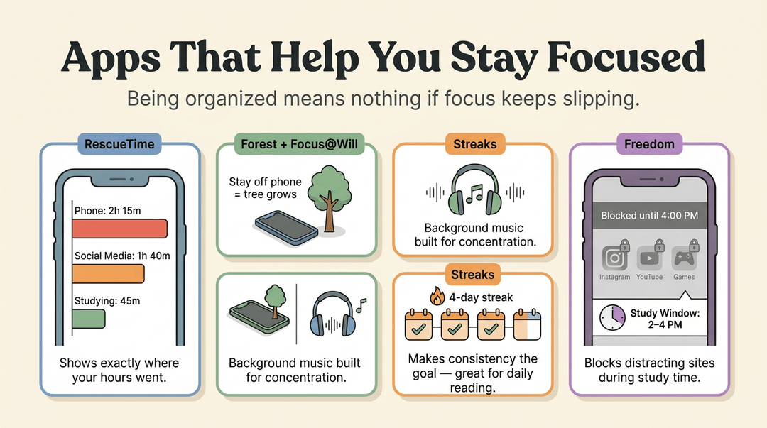 Four cards show how RescueTime, Forest, Streaks, and Freedom apps help students stay focused by tracking time, blocking distractions, and building habits.