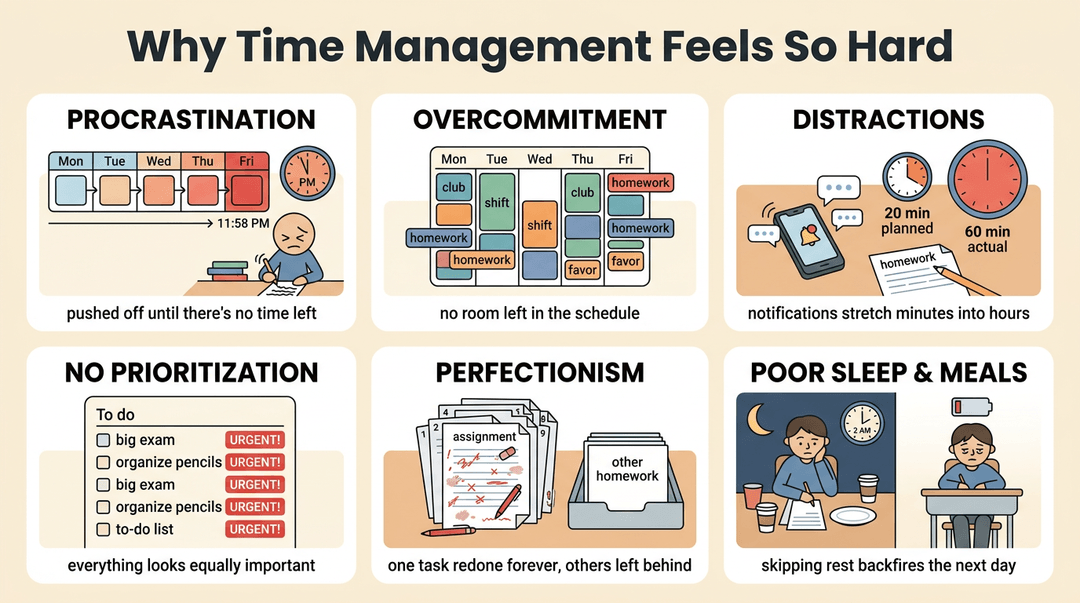 Infographic showing six common time management pitfalls: procrastination, overcommitment, distractions, lack of prioritization, perfectionism, and poor sleep.