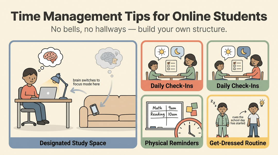 A poster showing four time management tips for online students: designated study space, daily check-ins, physical reminders, and a get-dressed routine.