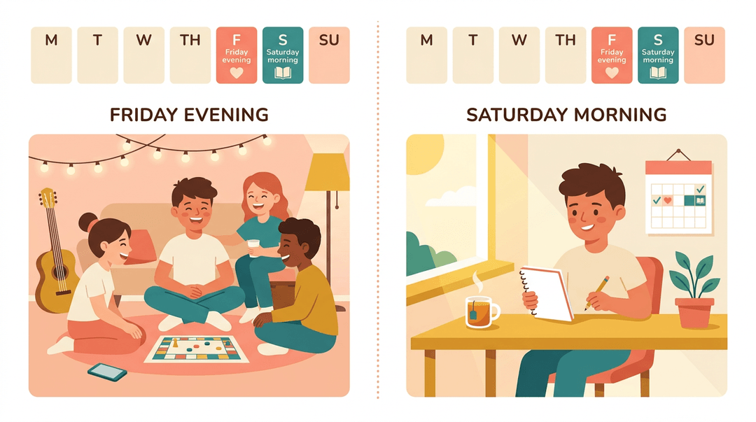 Split-panel illustration showing a teen balancing Friday evening social time with Saturday morning study.