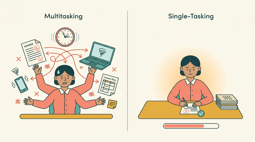Split screen compares a frazzled teacher juggling many tasks with a calm one focusing on single-tasking.