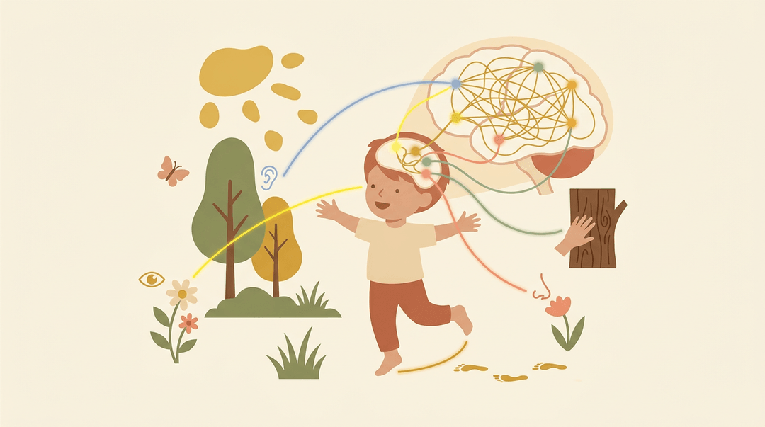 A child explores nature as sensory inputs from sight, sound, touch, smell, and movement converge into an interconnected brain web.