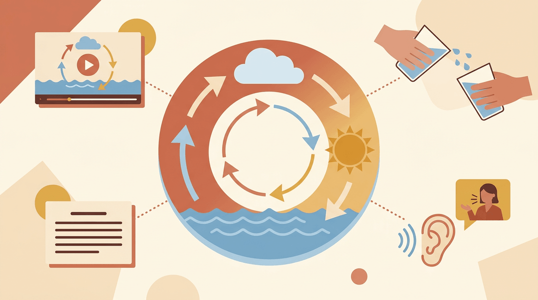 Water cycle diagram surrounded by icons for video, hands-on demo, text summary, and audio on a warm cream background.