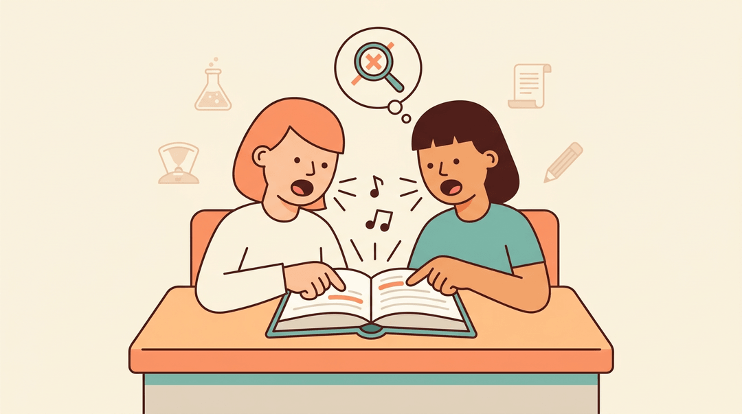 Two students read aloud together, pointing at a book while sound waves and a magnifying glass symbolize catching mistakes.
