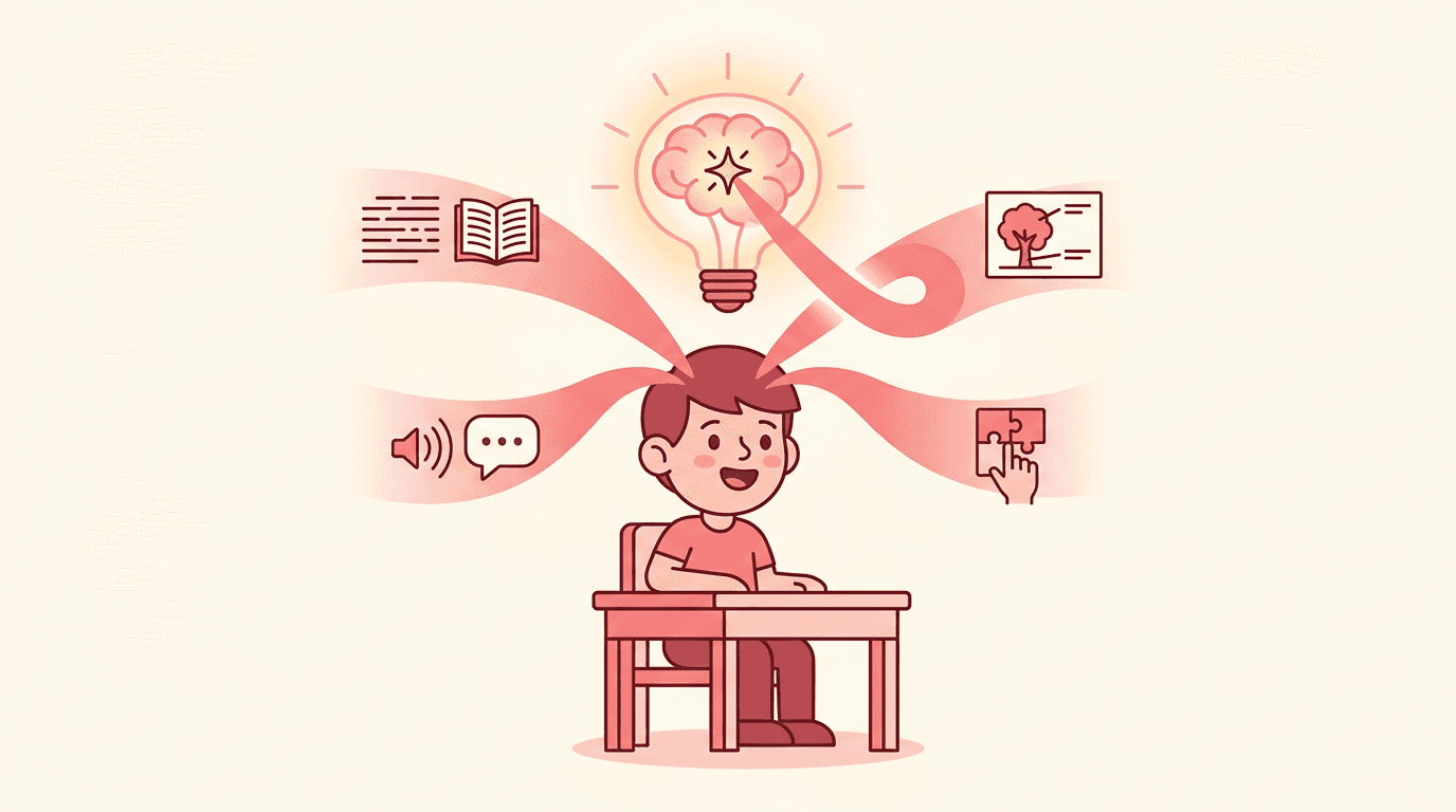 Student at a desk with four sensory streams merging into a glowing brain, symbolizing multi-sensory learning.