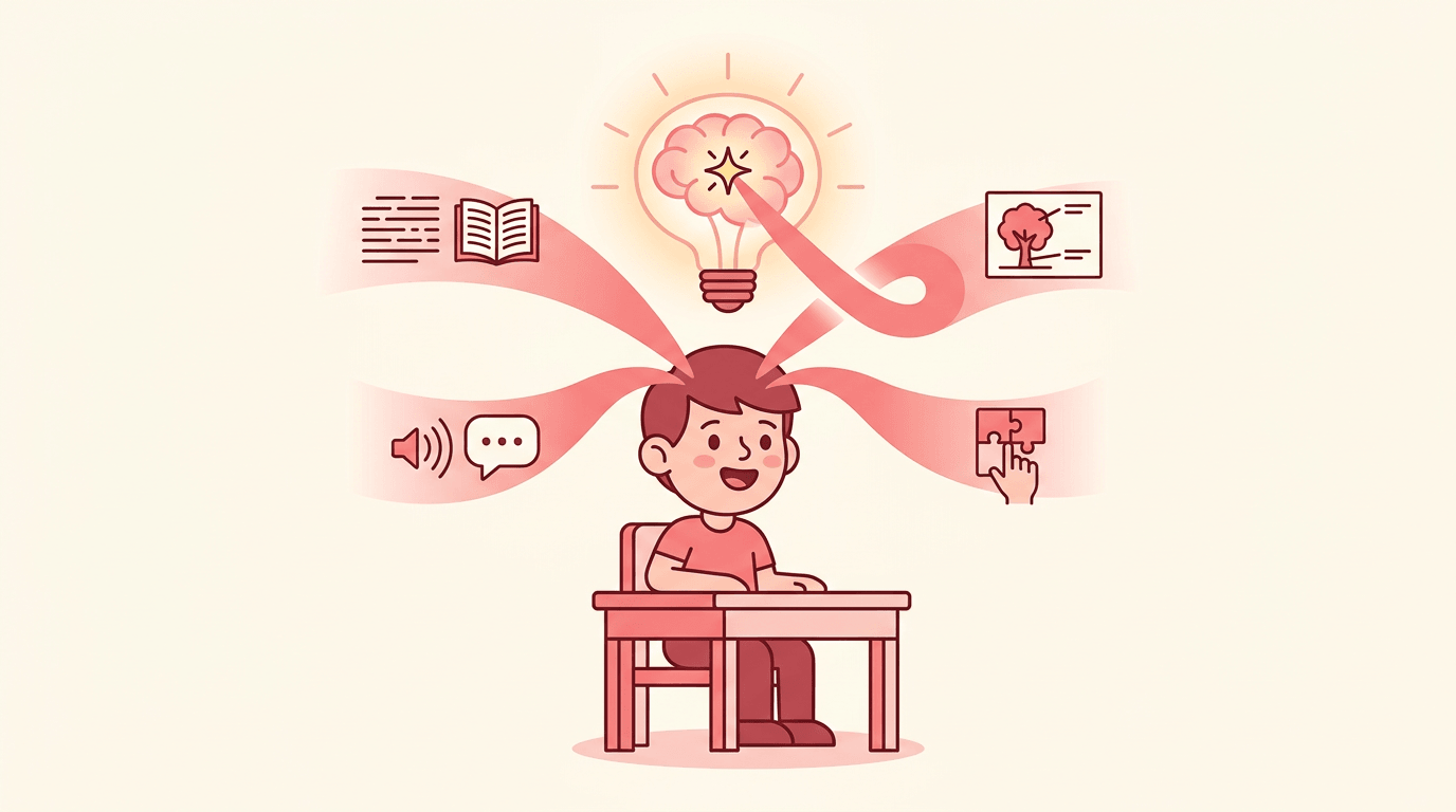 Student at a desk with four sensory streams merging into a glowing brain, symbolizing multi-sensory learning.