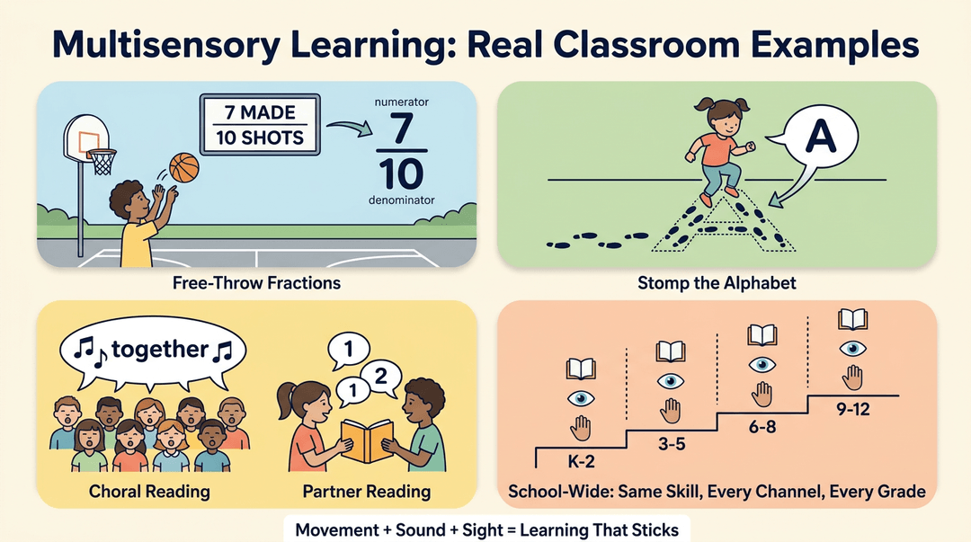 Four panels show multisensory learning examples: fractions with basketball, alphabet hopping, choral and partner reading, and tiered skill practice.