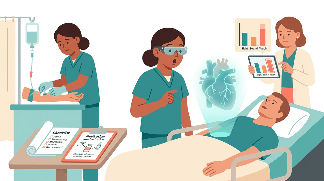 Trainee nurses use AR holograms and practice skills in a modern simulation lab with an instructor monitoring progress.