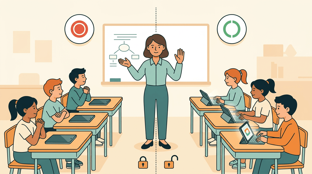 Split scene shows a classroom with tablets closed on the left and open on the right, illustrating purposeful tech use.