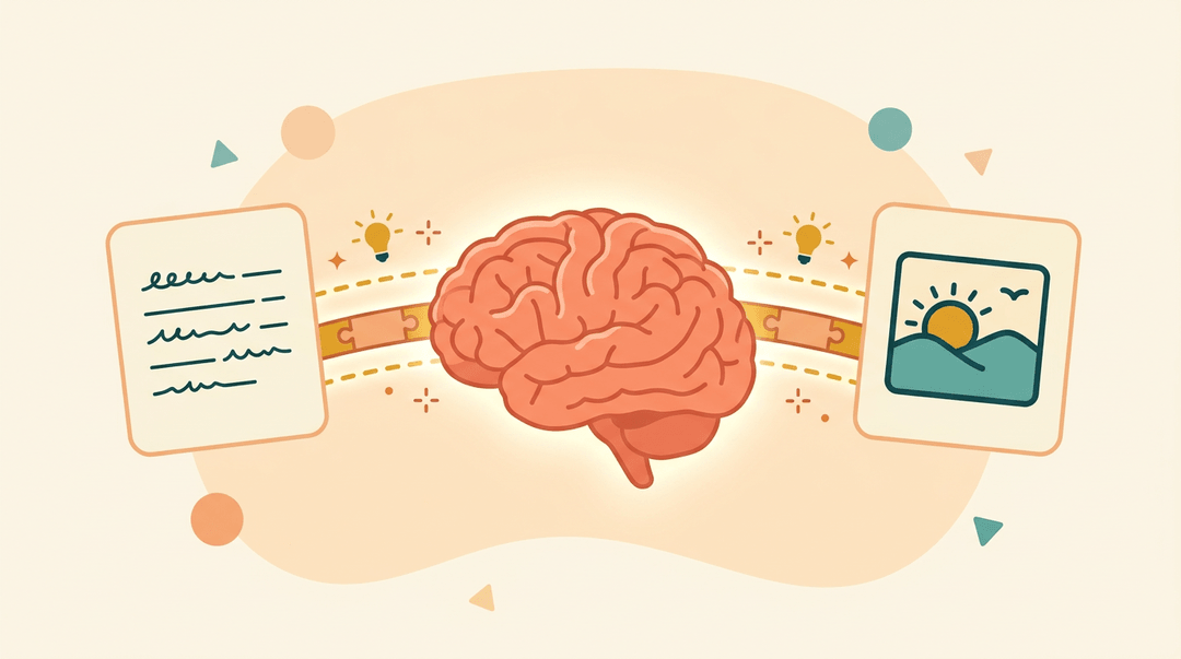 A brain connects a text card and an image card via a glowing bridge, symbolizing how words and visuals create deeper understanding.