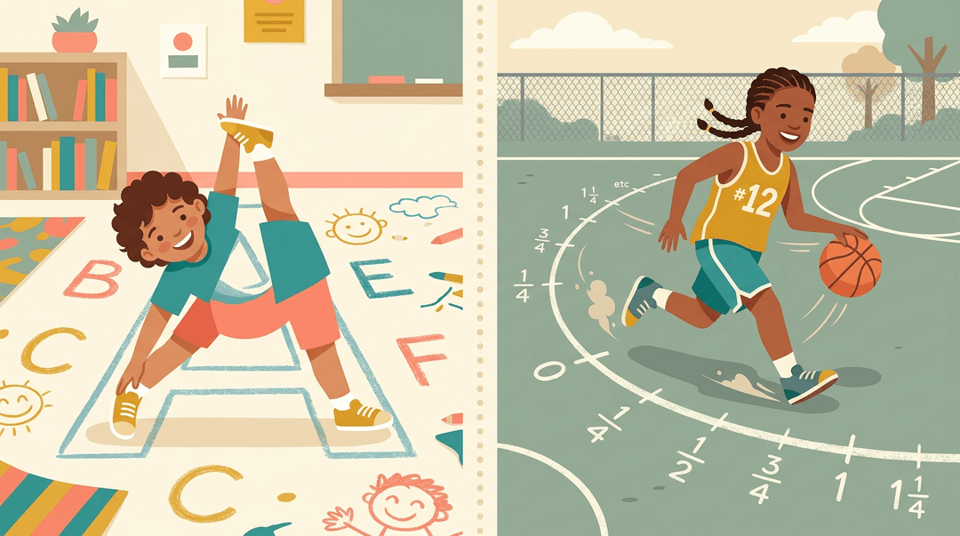 A split scene shows a child forming the letter A and another dribbling a basketball near fraction lines, illustrating active learning.