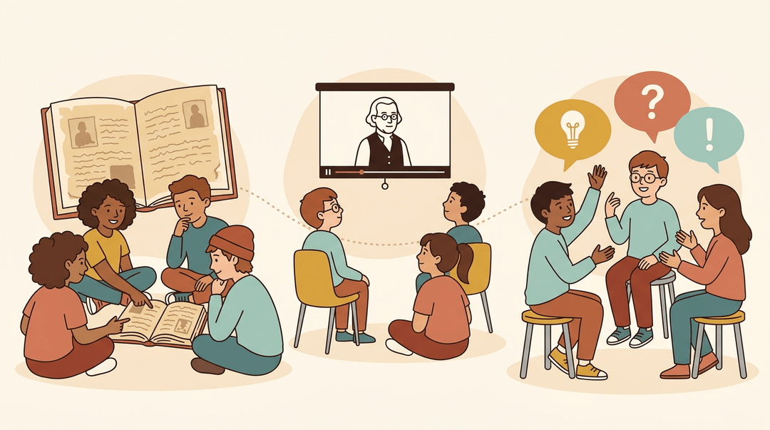 Students transition from reading primary sources and watching a documentary to active debate, with one learner joining in confidently.