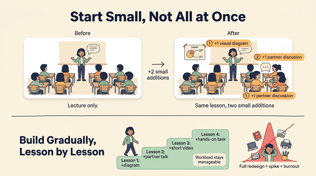 Infographic showing gradual teaching improvements via small additions and a staircase, contrasting with the avoided full redesign spike.