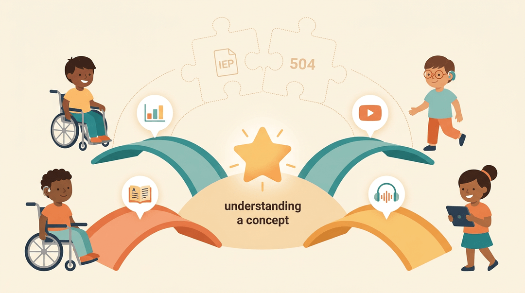 Diverse students follow unique paths with different learning tools toward a shared goal of understanding.