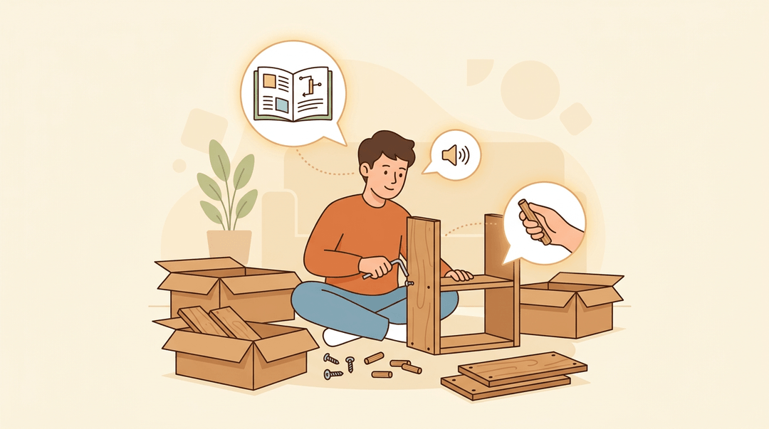 Person assembling furniture while using sight, hearing, and touch to learn through multi-sensory engagement.