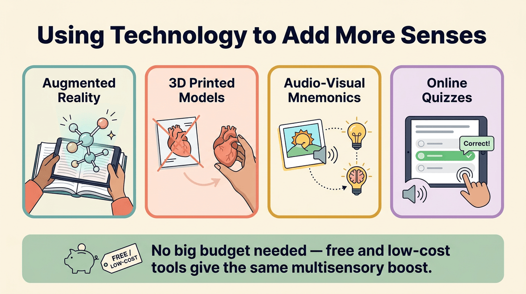 Four cards illustrate multisensory tech like AR, 3D models, audio visuals, and quizzes, with a banner noting these free tools boost learning.