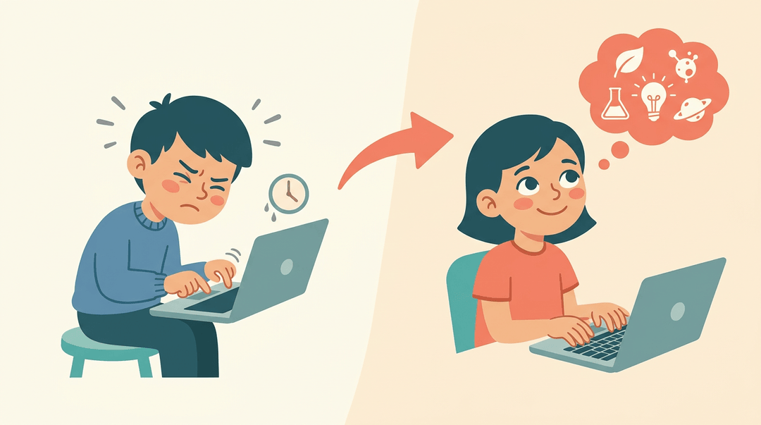A frustrated boy hunt-and-pecks while a confident girl types properly, symbolizing progress from slow to skilled.
