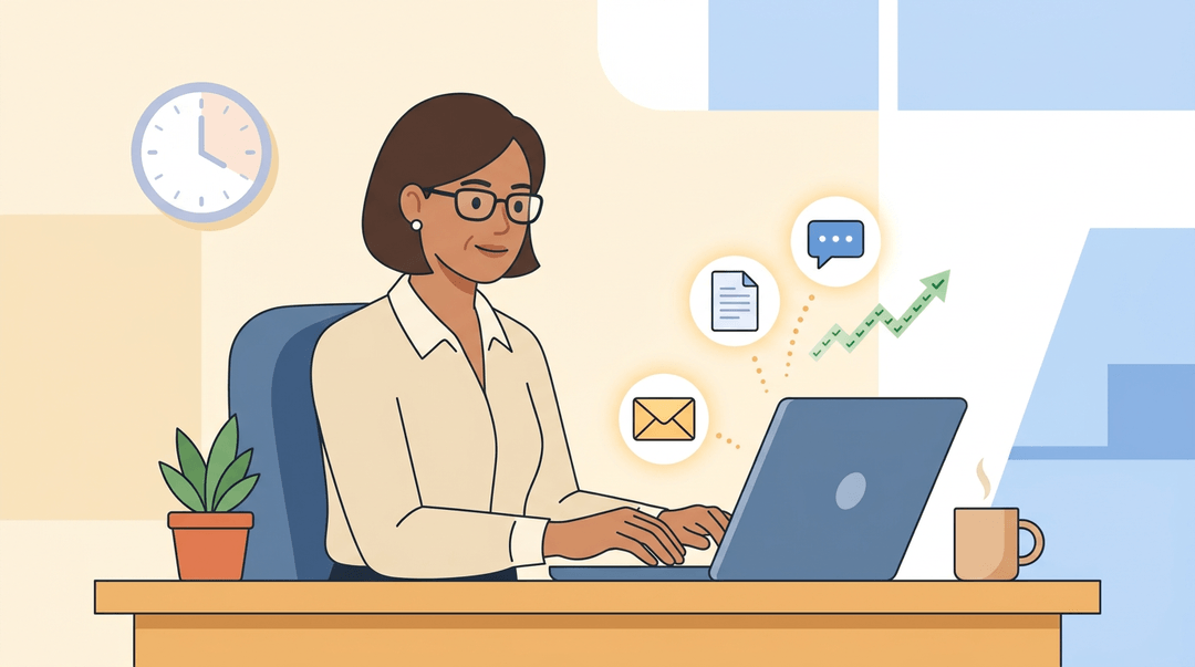 A woman types at a desk while icons representing skills float up, showing steady improvement and time saved.
