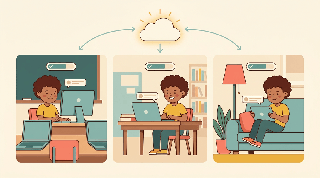 A student uses a desktop, laptop, and tablet while a cloud icon shows seamless progress across devices.