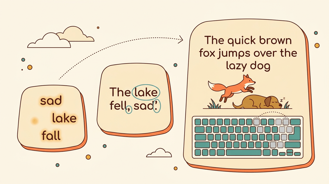 A student's typing journey progresses from simple words to a full pangram, with a keyboard showing mastered and unmastered keys.
