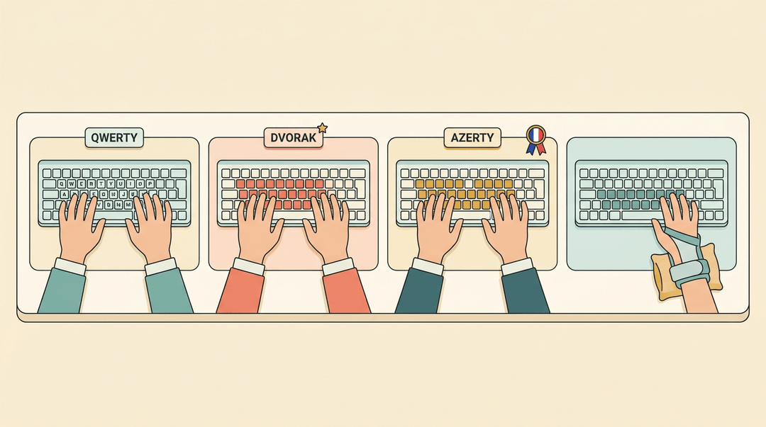Four keyboards show QWERTY, Dvorak, Azerty, and ergonomic setups with hands on home rows.