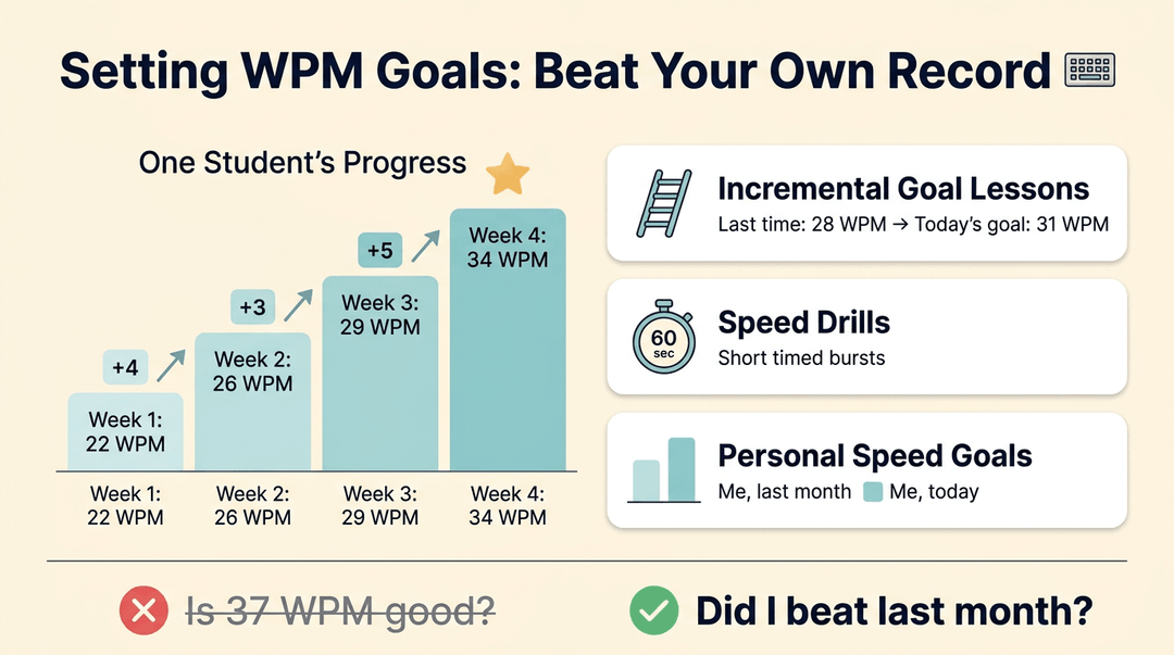 An infographic shows a student's typing speed progress chart and three goal-setting cards, emphasizing beating personal records over fixed targets.